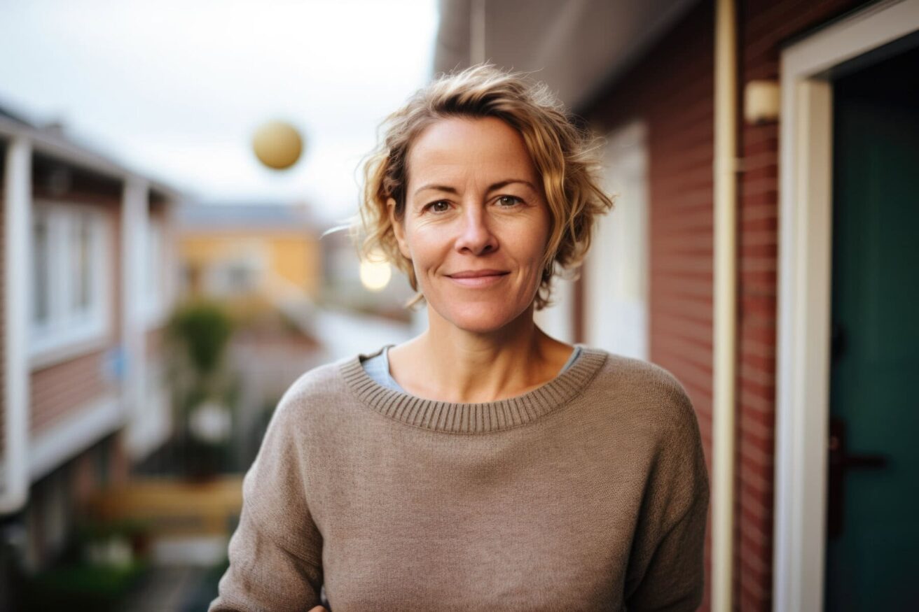 A woman with short, wavy hair wearing a beige sweater stands outside in a residential area, facing the camera and smiling.