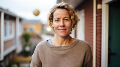 A woman with short, wavy hair wearing a beige sweater stands outside in a residential area, facing the camera and smiling.